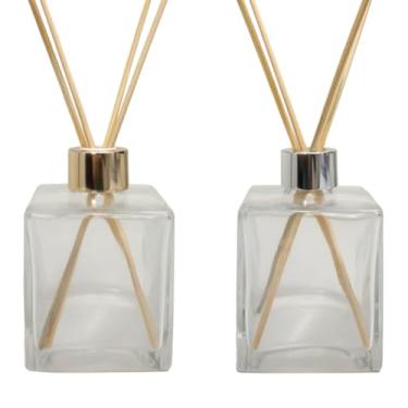 Imagem de Kit 2 Frascos Vidro Cubo 250ml – Difusor Aromatizador de Ambiente Luxo para Banheiro, Escritório e Casa(Dourada/Prata)