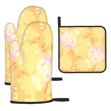 Imagem de Flores – Conjunto de cozinha essencial de 3 peças, luvas seguras para calor e alça de tampa, proteção para churrasco no forno, design de armazenamento suspenso.