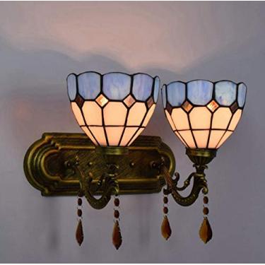 Imagem de Arandela de parede vintage estilo Tiffany, azul, com espelho em vitral europeu na frente, ideal para quarto, sala de estar e corredor, com 2 braços.