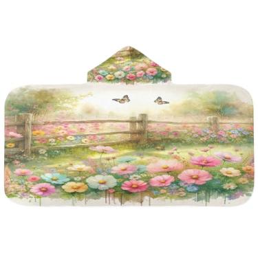 Imagem de Burbuja Toalha de banho com capuz Springtime Garden para crianças, toalha de praia de pelúcia macia absorvente para meninas e meninos 3-10 anos, 61 x 127 cm