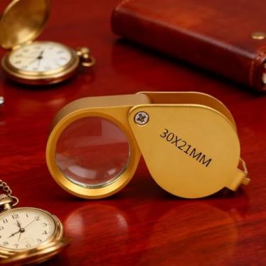 Imagem de Lupa dourada 30x, lupa dobrável para joias de 21 mm com estojo, lente portátil de mão para inspeção de carimbo de moeda