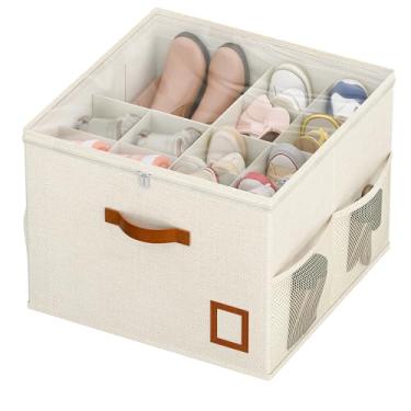 Imagem de FooGuila Organizador de sapatos para armário, 1 caixa organizadora dobrável de armazenamento de sapatos com divisórias ajustáveis e capa transparente, caixa de sapato que economiza espaço com alças