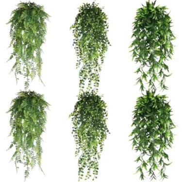 Imagem de SHMDYHA Pacote com 6 plantas artificiais penduradas, vasos de eucalipto montados na parede, vegetação sintética de datura, samambaia de Boston, para prateleira interna e externa (persa/trepadeira