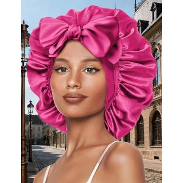 Imagem de Touca de cabelo de seda ajustável para mulheres com faixa de gravata para cabelo encaracolado natural e encaracolado rosa vermelha
