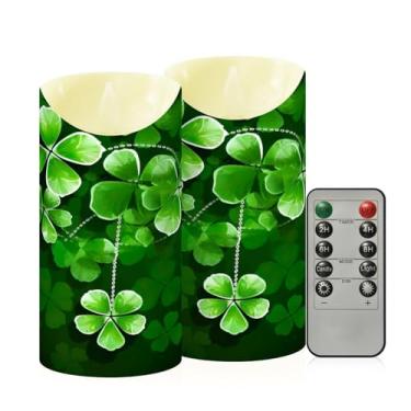 Imagem de Wassud Pacote com 2 velas de trevo de quatro folhas sem chama com controle remoto, velas realistas cintilantes com temporizador, velas decorativas para Natal, casamento, festa, decoração de casa média