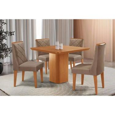 Imagem de Sala Jantar Mesa Maldivas Tampo Curvo 90cm+4 Cadeiras Pietá Madeira Naturale - Capuccino/Suede Capuccino - Rufato