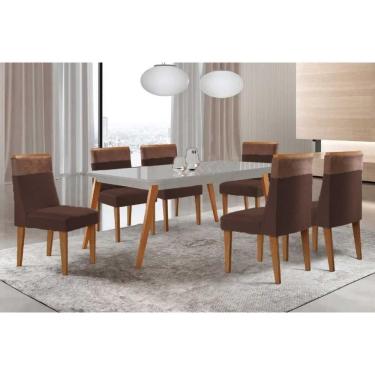 Imagem de Sala Jantar Mesa Havana Tampo c/ Vidro Curvo 180cm+6 Cadeiras Jaspe Madeira Naturale/Off White - Capuccino/Suede Marrom - Rufato