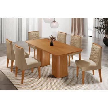 Imagem de Sala Jantar Mesa Maldivas Tampo Curvo 180cm+6 Cadeiras Maldivas Madeira Naturale - Capuccino/Linho Bege - Rufato