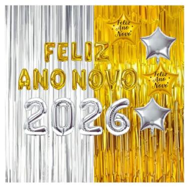 Imagem de Kit 22 Peças Balão Feliz Ano Novo 2026 Decoração Comemoração Especial+ Estrelas Cortina Metalizada(Kit 3)