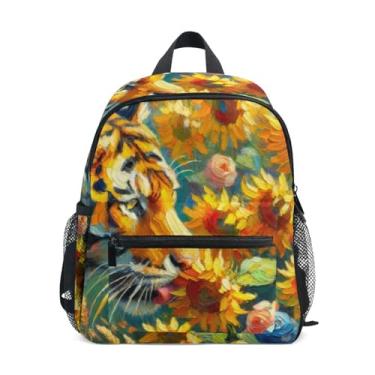 Imagem de GAIGEO Tiger Sunflowers Painting Kids' Backpack with Whistle, 2 Bottle Pockets, Lightweight, Kids Travel Backpack 10x4x12 In, for Ages 3-8