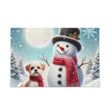Imagem de Quebra-cabeça de 1000 peças, boneco de neve com cachorro, arte de parede para casa, quebra-cabeça engraçado para adultos e crianças