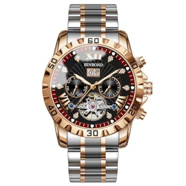 Imagem de DoniRudy Relógio masculino cronógrafo automático, relógio de pulso de aço inoxidável dourado de 45 mm com ponteiros luminosos, mostrador de data, resistente à água até 30 m, Preto, vermelho