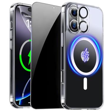 Imagem de ZOZDOKG Capa para iPhone 16 transparente com protetor de tela de privacidade e proteção total da câmera compatível com MagSafe Capa magnética à prova de choque para iPhone 16, transparente