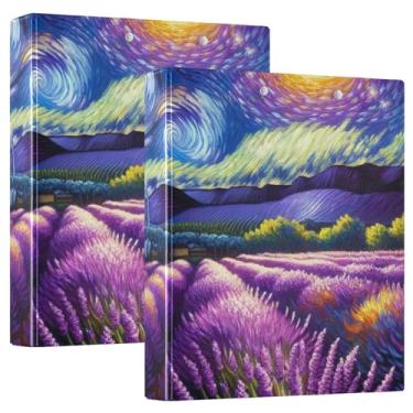 Imagem de Fichário de prancheta de flores de lavanda em noite estrelada com 3 argolas, comporta 200 folhas, pasta de arquivo para material escolar e de escritório, 1 pacote