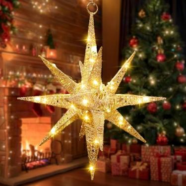 Imagem de Retisee Luz pendente de estrela da Morávia 3D com glitter de 35,5 cm, alimentado por bateria, estrelas de Natal iluminadas para Natal, inverno, varanda, lanterna, quintal, tradição de casa, decoração