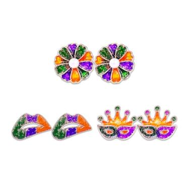 Imagem de Conjunto de 3 pares de brincos de carnaval para mulheres, conjunto de 3 pares compactos delicados de máscara esmaltada, chapéu de carnaval, conjunto de brincos com tema de carnaval, verde e roxo, joia