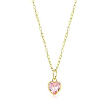 Imagem de Colar De Ouro 18k Cordão 45cm Feminino C/ Coração Zircônia Cor:Rosa - 