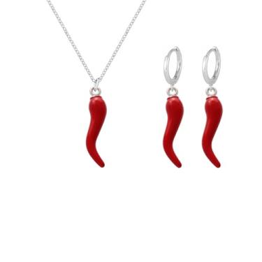 Imagem de QLUYCKW Conjunto de brincos de chifre italiano para mulheres delicados moda 14K banhado a ouro 14 k colar com pingente de pimenta vermelha esmaltado 3D brincos de argola minimalista joia de festa de