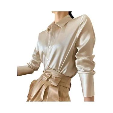 Imagem de Camisa Casual Feminina Elegante De Manga Longa Em Satin plus Size Blus