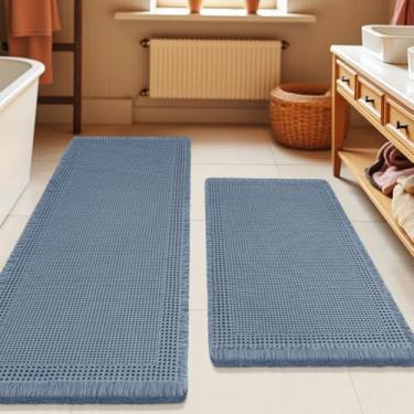 Imagem de Conjunto de 2 peças de tapete de banho waffle, moderno, tecido boêmio, absorvente, antiderrapante, tapetes de banheiro ultramacios, tapetes de banho de malha laváveis na máquina com borda para