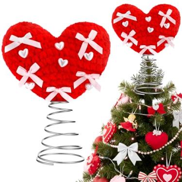 Imagem de Capoda Topper de árvore de Natal de coração de malha com laços, decorações de rosas, enfeites de copas de árvore de amor, para dia dos namorados, férias, artigos de festa de casamento