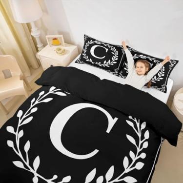 Imagem de Erosebridal Capa de edredom com monograma letra C, tamanho Queen, preto e branco, para meninos, boêmio, damasco, floral, vintage, rústico, conjunto de cama, presentes personalizados para adultos e