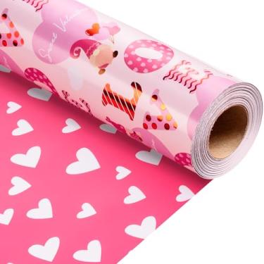 Imagem de Homeral Papel de embrulho rosa para o Dia dos Namorados - Mini rolo - 43 cm x 80 m - Letras de amor com brilho metálico e padrão de amor reversível para presente para celebração do dia dos namorados