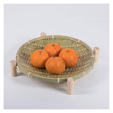 Imagem de pcagfaajmh Cesta de frutas de bambu feita à mão palha de vime organizador de pão armazenamento de cozinha presente decorativo prato pequeno prato redondo (tamanho: 26 x 5 cm) (22 x 5 cm)