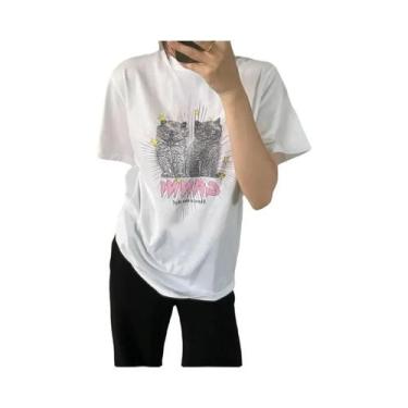 Imagem de Camiseta De Verão Com Estampa De Gato Tigre Rosa Cereja, Manga Curta, 