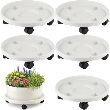 Imagem de Pacote com 5 suportes para plantas grandes de 33 cm com rodas, carrinho de plástico para plantas com rodízio de trava, rolos, rolos, rolos, suportes redondos para plantas, pires em rodas, base interna