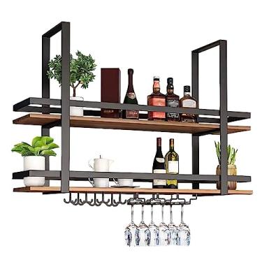 Imagem de Prateleira de montagem no teto, rack de vinho suspenso com suporte de vidro e prateleira, rack de garrafa de vinho suspenso industrial de 2 camadas, prateleiras flutuantes para cozinha de bar (cor