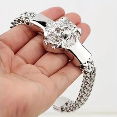 Imagem de Pulseira masculina moderna e dominadora com cabeça de leão com corrente trançada de aço inoxidável joia hip hop, Medium, Nylon, Sem Pedra Preciosa