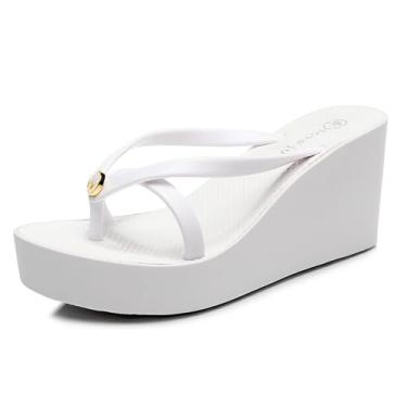 Imagem de EGEBS Sandálias femininas com plataforma plataforma plataforma moderna confortável aberta bico redondo antiderrapante salto grosso chinelos verão piscina festa praia caminhada sandálias, Branco, 35