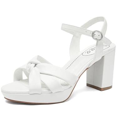 Imagem de Ruiee Sandálias femininas de salto plataforma de salto grosso, tiras no tornozelo, bico redondo, aberto, sapatos elegantes para festa de casamento, salto alto para mulheres., Branco 086, 38