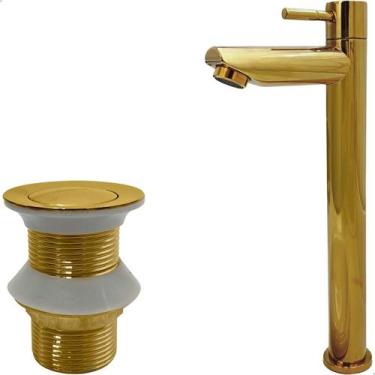 Imagem de Torneira Dourada Bica Alta Simples Válvula Click 1 14 Aço Inox Ralo Pi