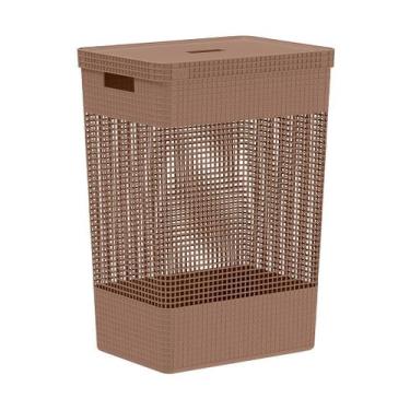 Imagem de Cesto de roupas Ou 49L com tampa Linha Grid, Marrom Amêndoa
