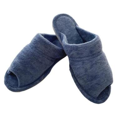 Imagem de Pantufa Puff Atoalhada 35/36 Azul Índigo Sola Plana Chinelos Puff