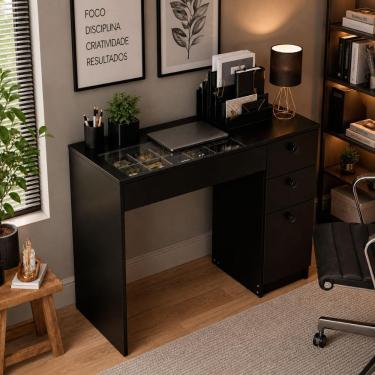 Imagem de Mesa de Escritório Retangular PE-150 4 Gavetas com Tampo de Vidro MDF-MDP 90,7cm Preto...