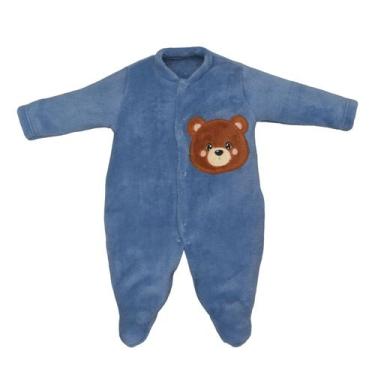 Imagem de Macacão Bebê Longo Fleece Pelúcia Azul Ursinho Bordado Upi Uli Tamanho