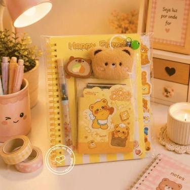 Imagem de Kit Papelaria Ursinhos Fofos Kawaii 5 Itens Cor:Amarelo - Clube da Lal