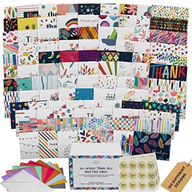 Imagem de Dessie 100 cartões de agradecimento exclusivos a granel - cartões de notas em branco com 100 designs diferentes e coloridos, sem repetição. Envelopes coloridos, selos dourados e caixa de armazenamento