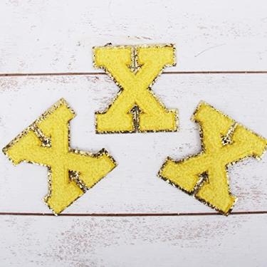 Imagem de Pacote com 3 adesivos Chenille Iron On Glitter Varsity Letter 5 cm de altura "X" - Tecido de chenille amarelo com acabamento em glitter dourado - Costurar ou passar a ferro - 5 cm YEL X