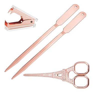 Imagem de Conjunto de acessórios de mesa de ouro rosa – Tesoura, removedor de grampos e 2 abridores de letras, artigos de escritório de ouro rosa luxuosos e decorações de mesa
