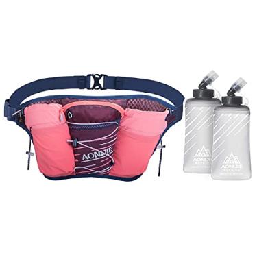 Imagem de Cinto de hidratação esportivo para corrida corrida bolsa de cintura ajustável com 2 garrafas de água ao ar livre pochete refletiva de alta capacidade, rosa, cintura: 55