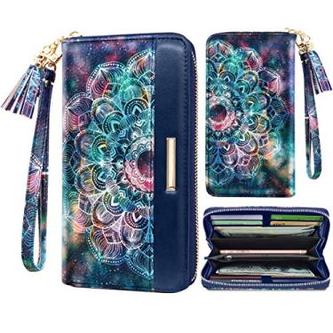 Imagem de Carteira feminina de couro PU porta-cartões organizador feminina com borla alça de pulso, Mandala, long purse, Casual
