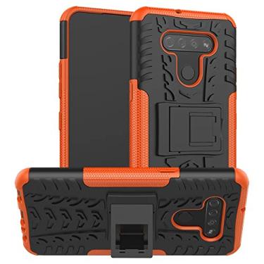 Imagem de Capa protetora de capa de telefone compatível com LG K51, TPU + PC Bumper híbrido capa robusta de grau militar, capa de telefone à prova de choque com bolsas de suporte mangas (cor: laranja)