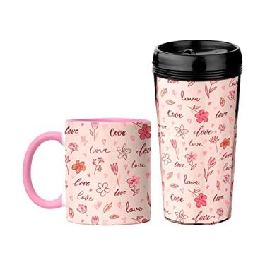Imagem de Presente Super - Kit de Copos - Caneca e Copo de Viagem Rosa Amor e Flores - Cerâmica e Plástico - 325 ml e 520 ml - Moderno - Reutilizável - Não Biodegradável - Para Viagem e Casa