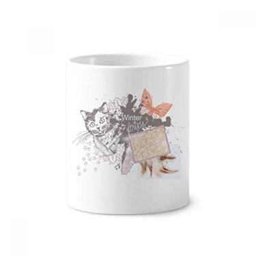 Imagem de Pequeno gato e borboleta com pintura de tinta, suporte para caneta, caneca, suporte de cerâmica, copo lápis