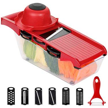 Imagem de Fatiador Mandoline 6 em 1, Cortador Vegetal e Veg Multi-Função, Lâmina Intercambiável de Aço Inoxidável com Recipiente para Alimentos, Descascador, Protetor de Mão, Fatia de Julienne